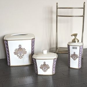 Vintage Crocus Hill High quality 4 piece bath decor set purple gold cottagecore